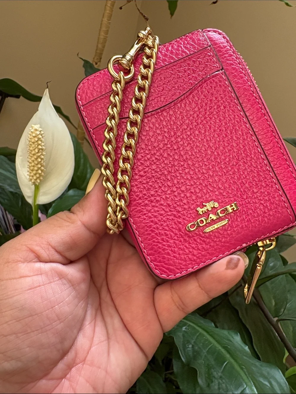 Coach Hot Pink Pebbled Leather Chain Card Case